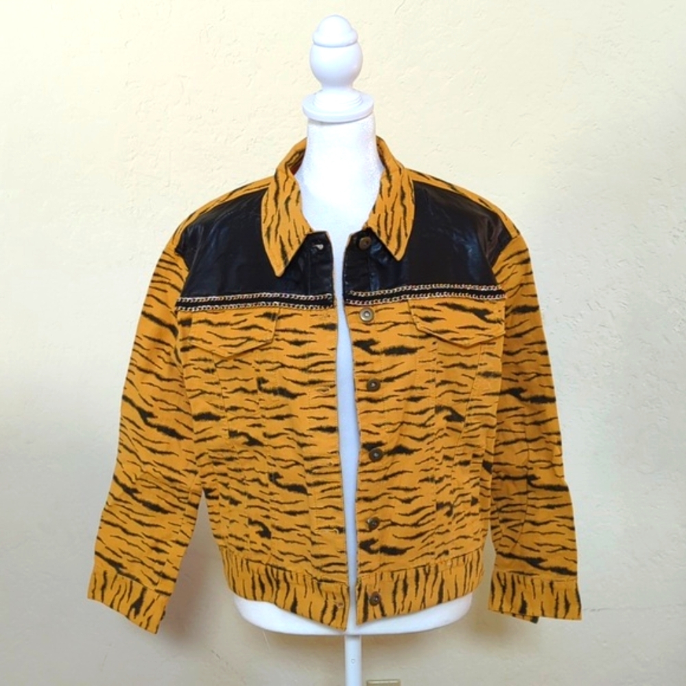 english rose Distressed Tiger Print Faux Leather Paneled Denim Jacket Size S-M